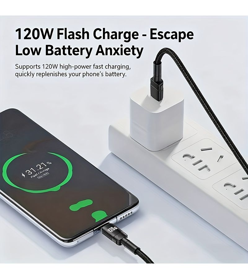 120W Multifunctional 200cm 6.5ft Dual Type C Cable Nylon Braided Charging And Data Transfer For Smartphones Tablets And Laptops - Image 3