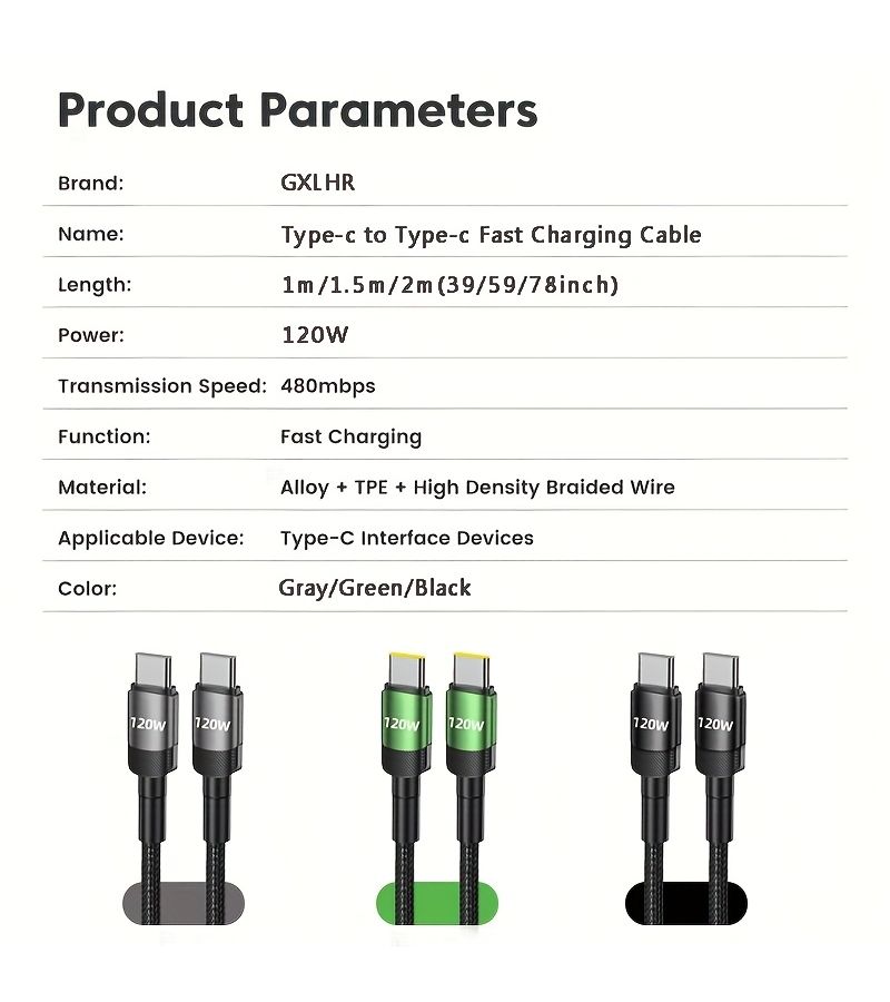 120W Multifunctional 200cm 6.5ft Dual Type C Cable Nylon Braided Charging And Data Transfer For Smartphones Tablets And Laptops - Image 2