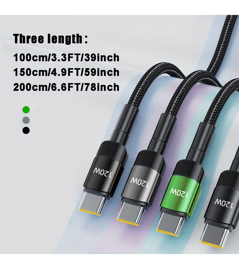 120W Multifunctional 200cm 6.5ft Dual Type C Cable Nylon Braided Charging And Data Transfer For Smartphones Tablets And Laptops - Image 1