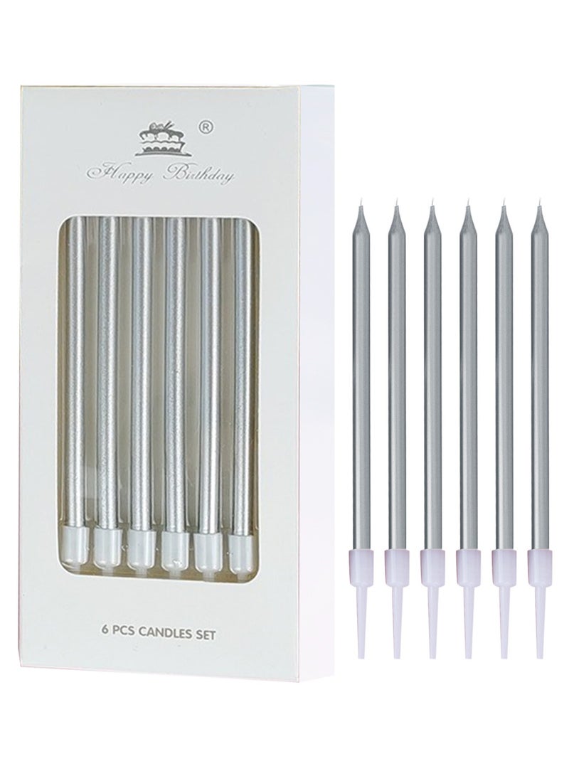 l&wen 6 PCS Candles Set, Metallic Long Thin Birthday Candles with Holders, Glitter Party Candles for Birthday, Wedding, Party Decorations (Silver) - Image 1
