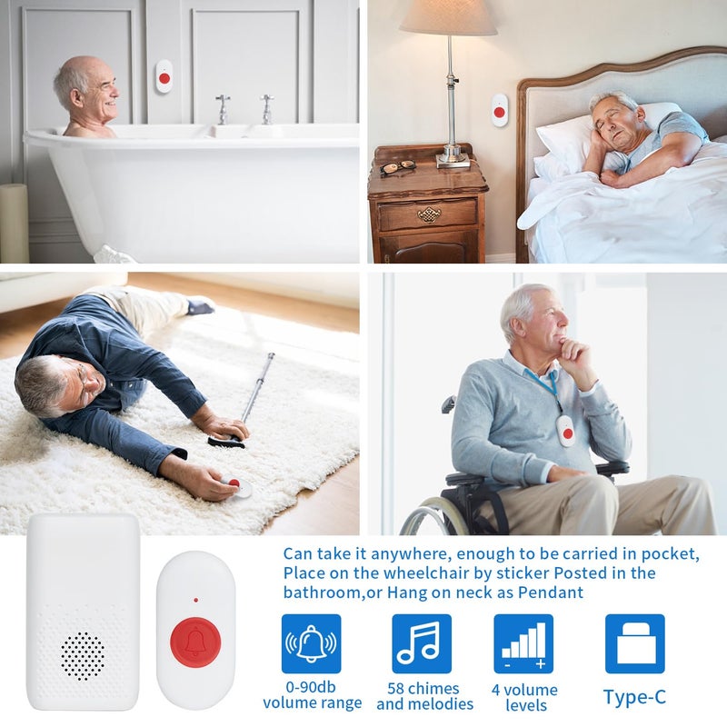 MERLRR Wireless Caregiver Pager Nurse Alert System SOS Call Button Vibration Pager Nurse Calling Alert System with 58 Melodies 4 Adjust Volume Levels for Patients Seniors Elderly Monitoring at Home - Image 4