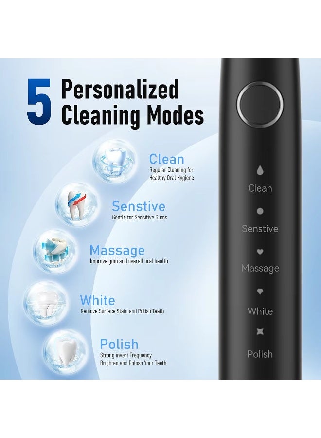 AirYoung فرشاة أسنان كهربائية - 5 أوضاع تنظيف ، 6 رؤوس فرشاة قابلة للاستبدال ، IPX7 مقاومة للماء ، ترقية قاعدة الشحن اللاسلكي - للمنزل والسفر - Image 2