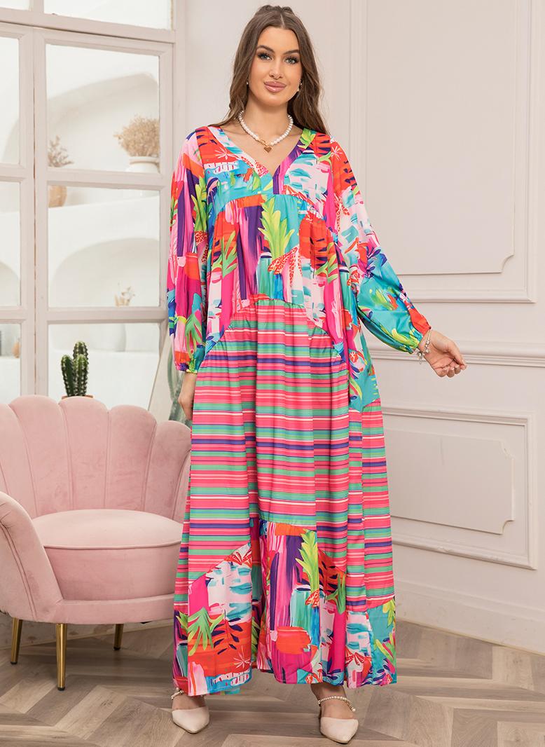 FridayIn Sweet V-neck Printing Irregular Regular sleeve Long Dresses Red - Image 5