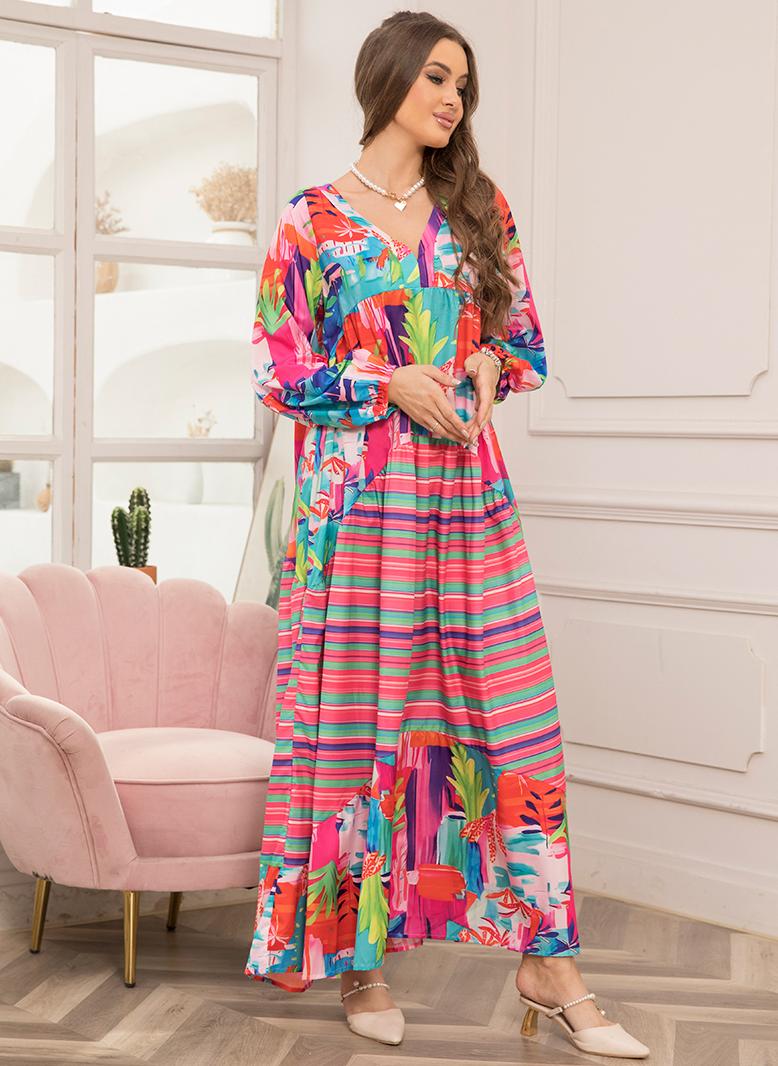 FridayIn Sweet V-neck Printing Irregular Regular sleeve Long Dresses Red - Image 4