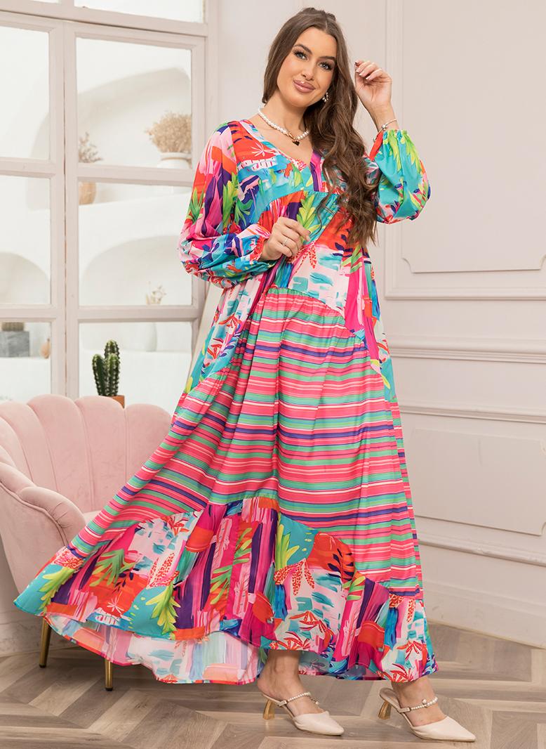 FridayIn Sweet V-neck Printing Irregular Regular sleeve Long Dresses Red - Image 1