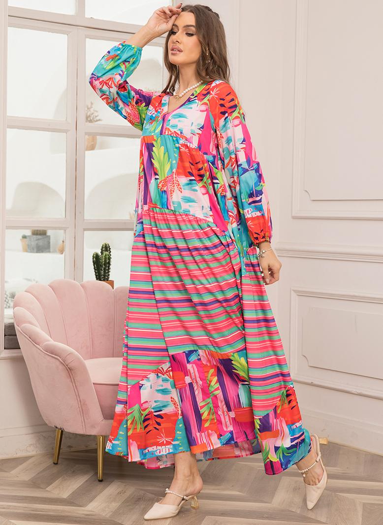 FridayIn Sweet V-neck Printing Irregular Regular sleeve Long Dresses Red - Image 3