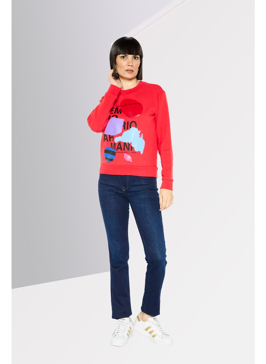 EMPORIO ARMANI - Women Crew Neck Graphic Long Sleeves Sweatshirt, Red Combo - Image 1