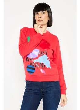 Women Crew Neck Graphic Long Sleeves Sweatshirt, Red Combo