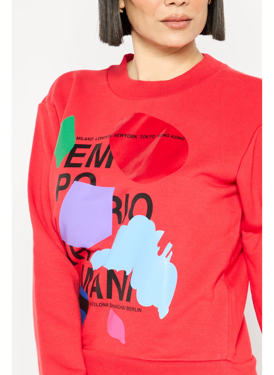 EMPORIO ARMANI - Women Crew Neck Graphic Long Sleeves Sweatshirt, Red Combo - Image 1