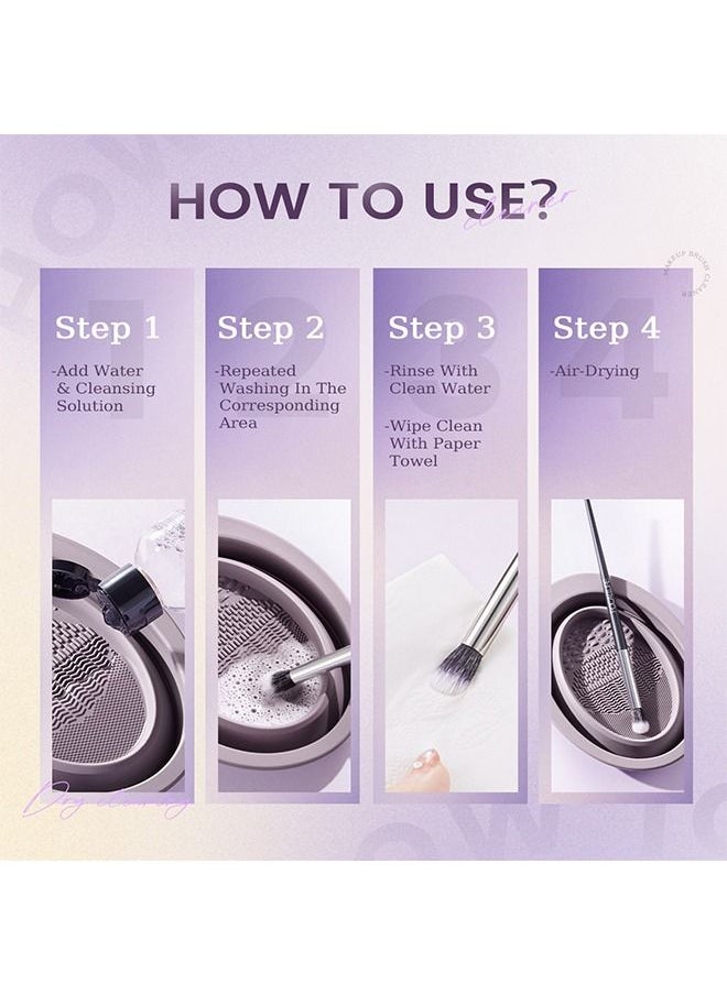 Generic Silicone Makeup Brush Cleaner Mat, Foldable Multi Texture Cleaning Bowl, High Temperature Resistance Makeup Brush Cleaning Tool (Purple)  - Image 5