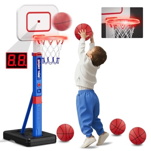 HYES Toddler Basketball Hoop with ScoreboardLED Basketball Rim4 Balls 55 Height Adjustable Basketball Hoop for Kids 35 Indoor Outdoor Sport Toys Birthday Gifts for Baby Boys Girls - Image 1