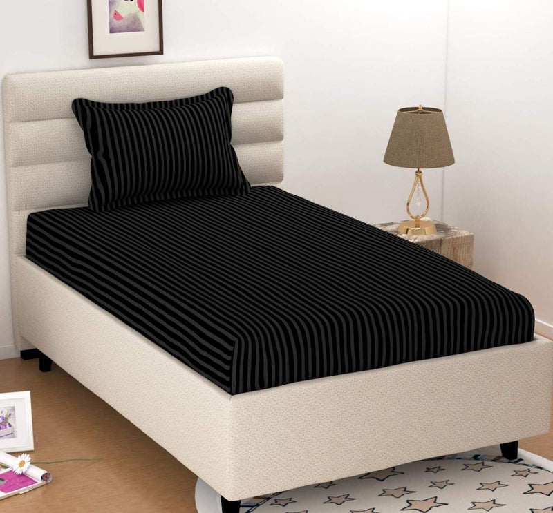 KAWI Single Bedsheet Elastic Fitted Glace Cotton with 1 Pillow Cover,200 TC (Size 72X48X up to 8 Inches Mattress) - Black - Image 5
