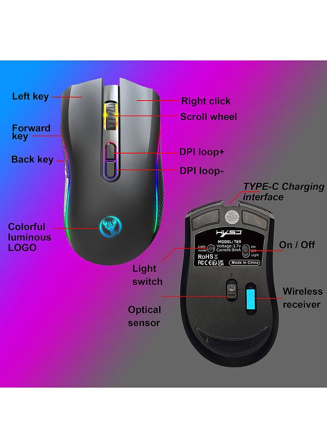 T69 2.4G Wireless Mechanical Mouse RGB Gaming Mouse Ergonomic Design 650mAh Battery Capacity 7 Programmable Buttons 10 Million Keystroke Lifetime 4800DPI