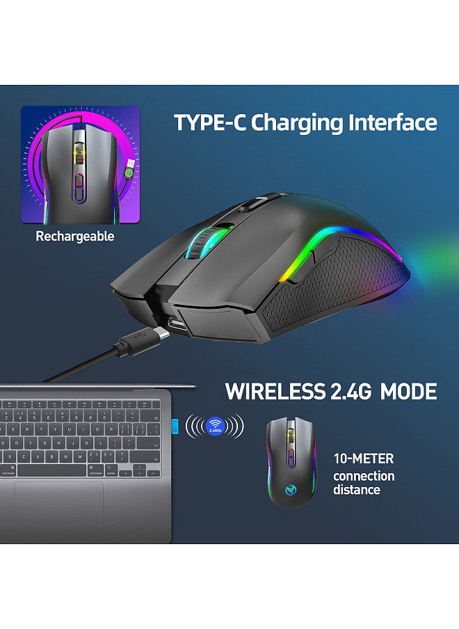 T69 2.4G Wireless Mechanical Mouse RGB Gaming Mouse Ergonomic Design 650mAh Battery Capacity 7 Programmable Buttons 10 Million Keystroke Lifetime 4800DPI