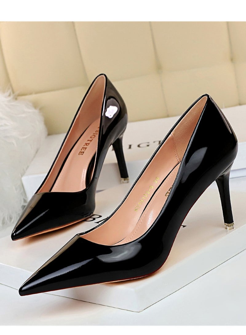 BIGTREE كعب معدني أنيق بارتفاع 7.5 سم وكعب عالٍ وحذاء مدبب أسود - Image 1