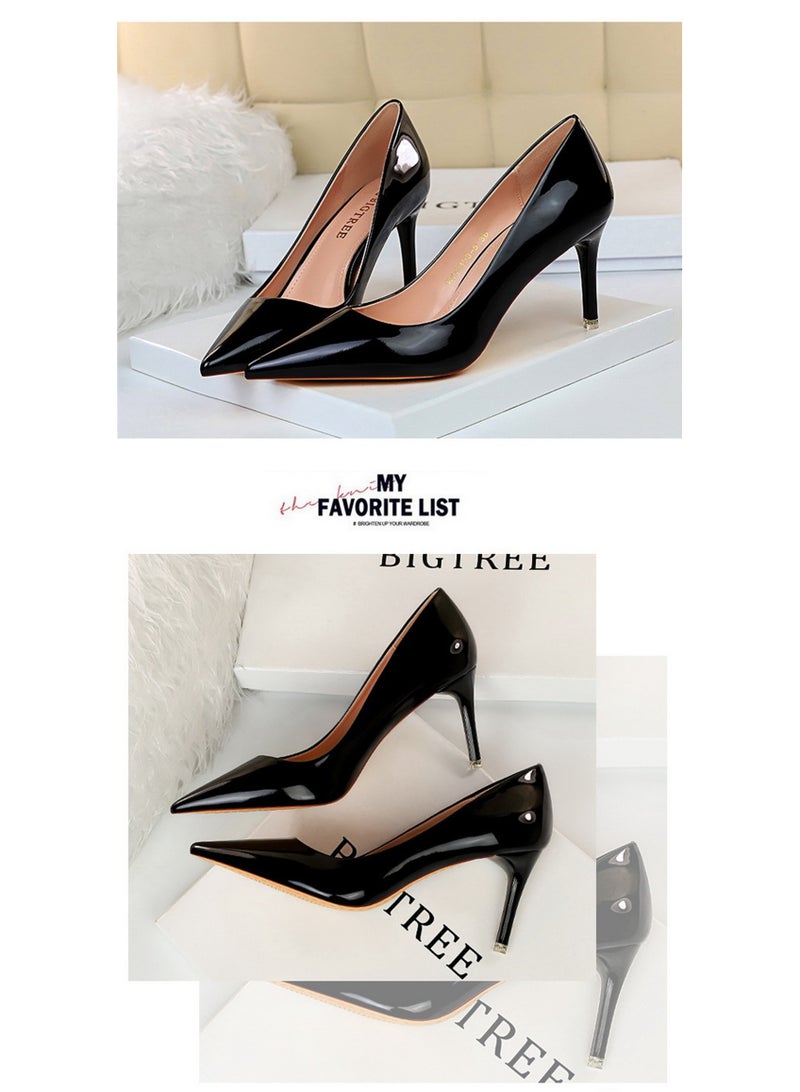 BIGTREE كعب معدني أنيق بارتفاع 7.5 سم وكعب عالٍ وحذاء مدبب أسود - Image 2