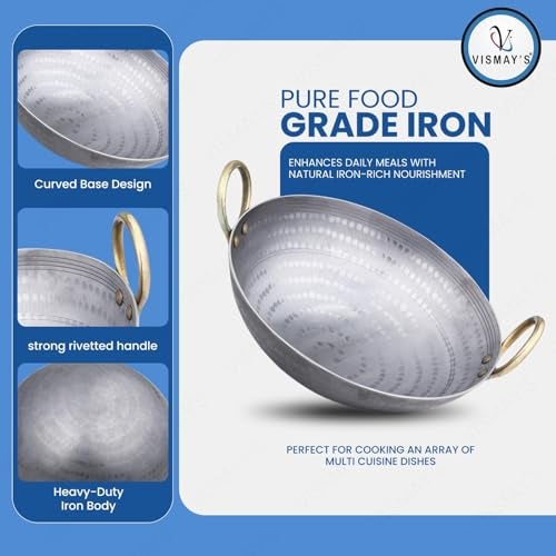 VISMAY'S 2 Litre 10.5 Inch Food Grade Iron Kadai India’s 1st Smooth Edge kadhai Strong Riveted Handle Traditional Frying Pan Wok Hammered Heavy Base Metal Spoon Friendly Works on Gas and Induction - Image 2