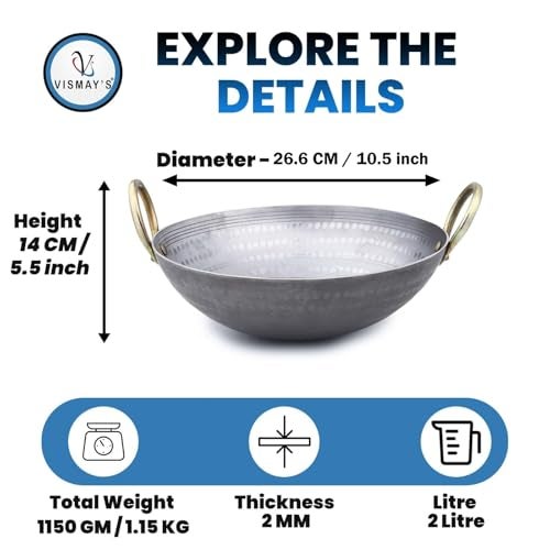 VISMAY'S 2 Litre 10.5 Inch Food Grade Iron Kadai India’s 1st Smooth Edge kadhai Strong Riveted Handle Traditional Frying Pan Wok Hammered Heavy Base Metal Spoon Friendly Works on Gas and Induction - Image 3