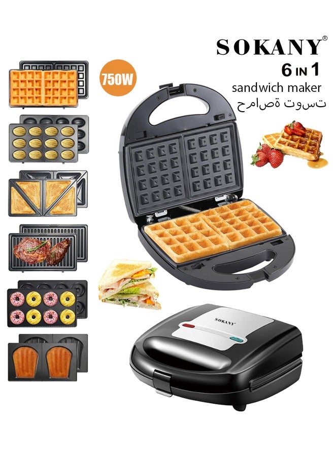 سوكاني السندوتشات,صانعة شطائر متعددة 6 في 1 ، صانعة وافل ، صانعة شواية ، صانعة دونات ، صانعة جوزات ، صانعة بيكت ، 750 واط أسود - Image 1