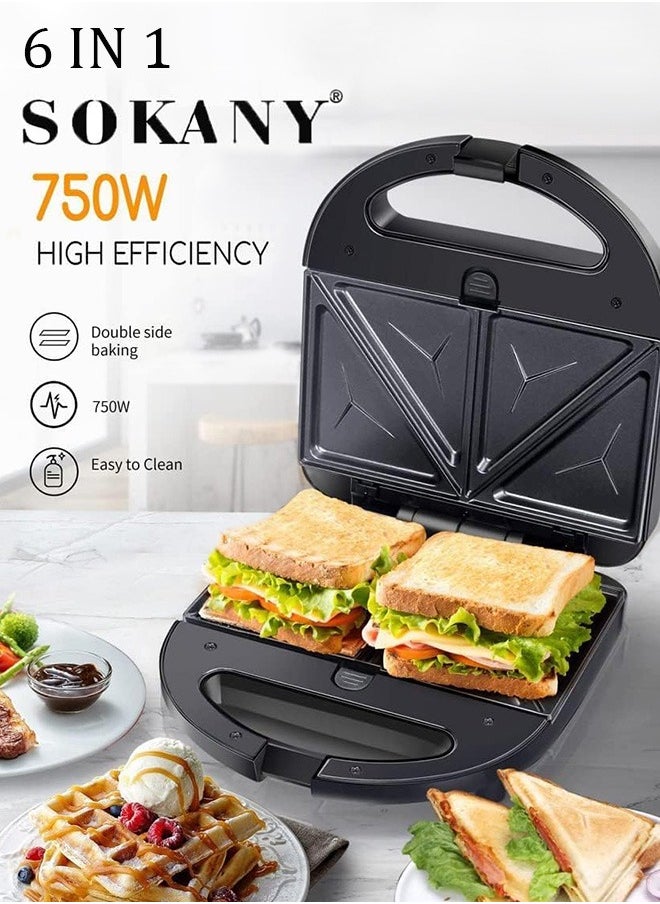 sokany 6 In 1 Multi Sandwich Maker Waffle Maker Grill Maker Donuts Maker Nutties Maker Biscuts Maker,750W Black  - Image 1