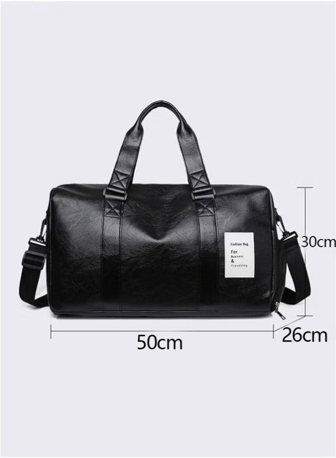 Unisex PU Leather Luggage Bag, Multifunctional Large Capacity Sports Bag for Men and Women,  Fitness Large Shoulder Bag with Independent Shoe Position, Dry and Wet Separation, Premium Textures Waterproof Business Gym Bag, Suitable for Travel Outdoor Sports Black (50*30*26cm) - Image 2