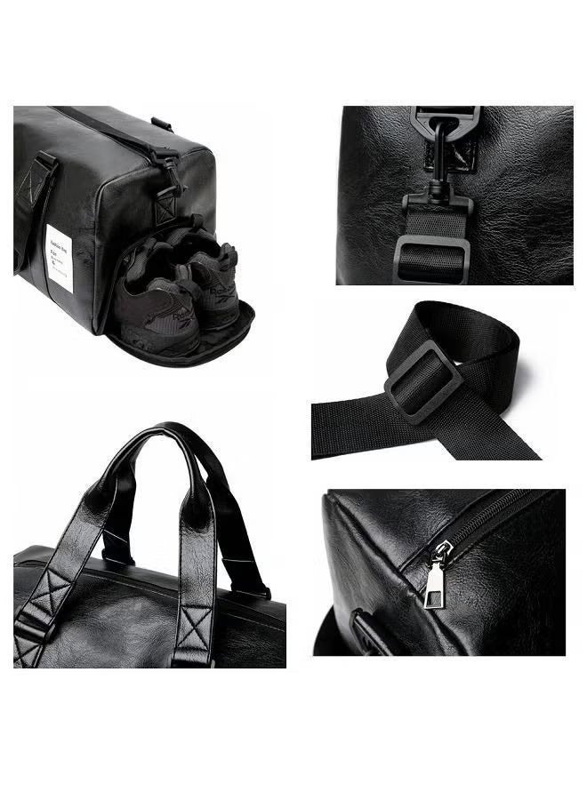 Unisex PU Leather Luggage Bag, Multifunctional Large Capacity Sports Bag for Men and Women,  Fitness Large Shoulder Bag with Independent Shoe Position, Dry and Wet Separation, Premium Textures Waterproof Business Gym Bag, Suitable for Travel Outdoor Sports Black (50*30*26cm) - Image 5