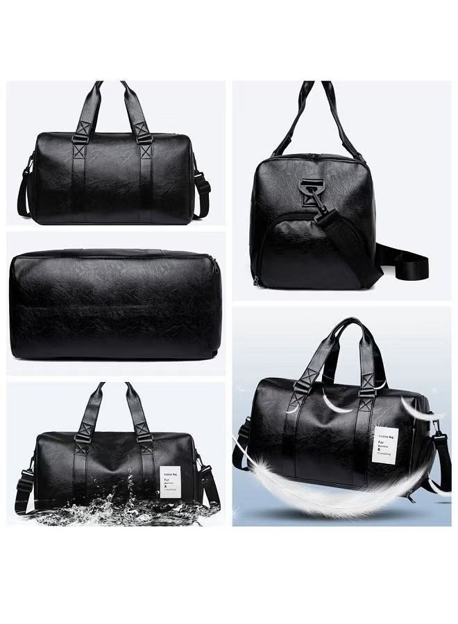 Unisex PU Leather Luggage Bag, Multifunctional Large Capacity Sports Bag for Men and Women,  Fitness Large Shoulder Bag with Independent Shoe Position, Dry and Wet Separation, Premium Textures Waterproof Business Gym Bag, Suitable for Travel Outdoor Sports Black (50*30*26cm) - Image 4