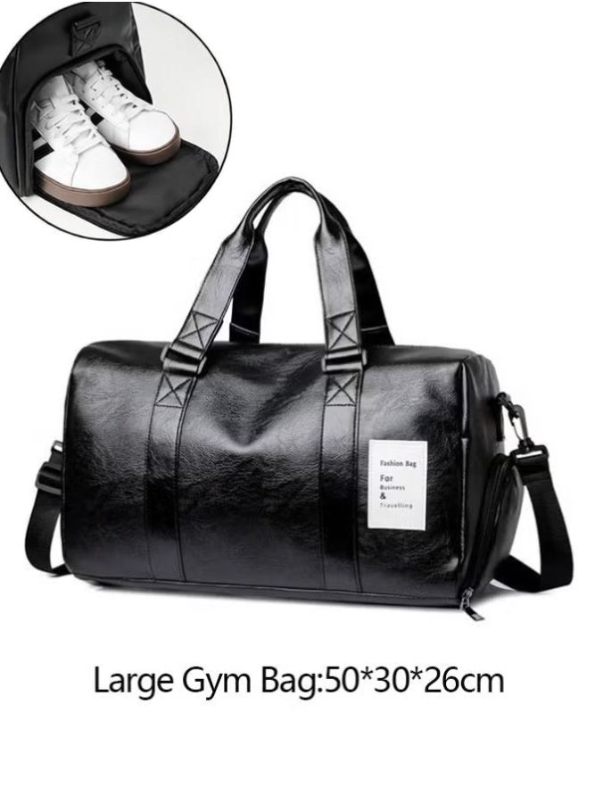 Unisex PU Leather Luggage Bag, Multifunctional Large Capacity Sports Bag for Men and Women,  Fitness Large Shoulder Bag with Independent Shoe Position, Dry and Wet Separation, Premium Textures Waterproof Business Gym Bag, Suitable for Travel Outdoor Sports Black (50*30*26cm) - Image 1