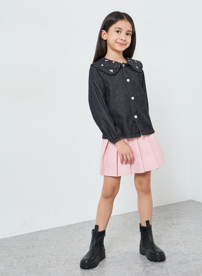 Styli Girls Black Denim Shirt With Embroidered Collar - Image 2