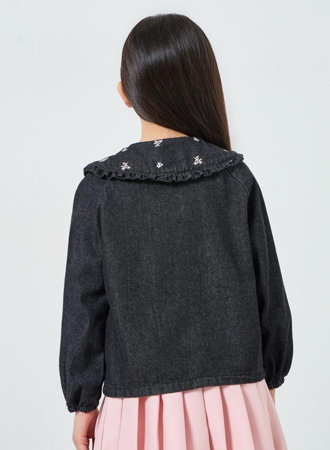 Styli Girls Black Denim Shirt With Embroidered Collar - Image 4