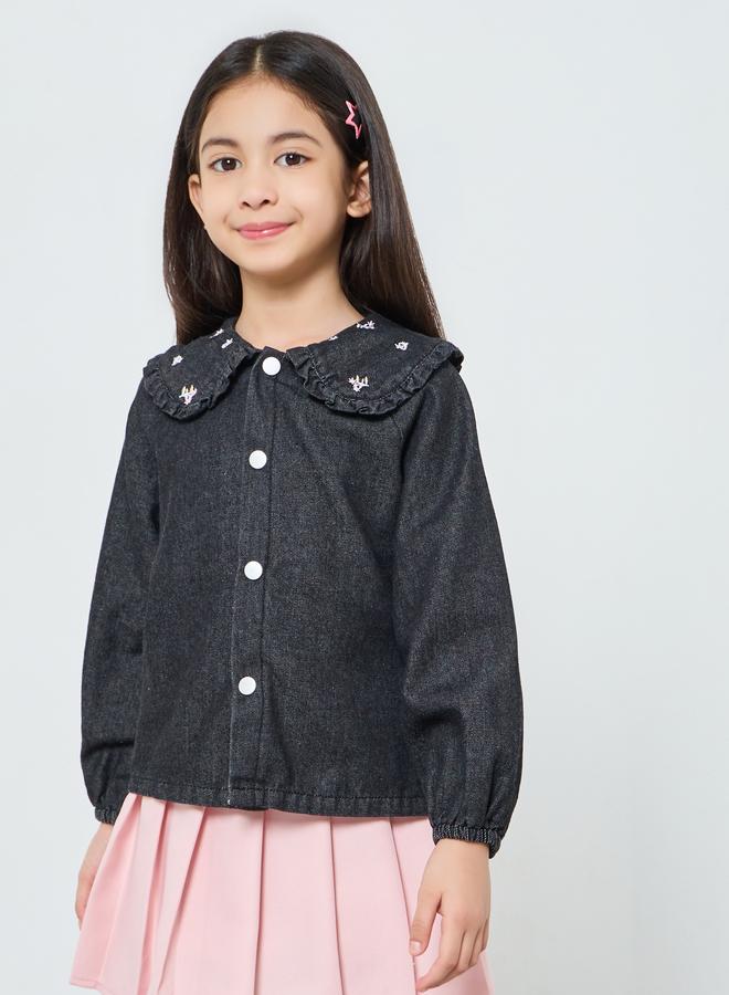Styli Girls Black Denim Shirt With Embroidered Collar - Image 1