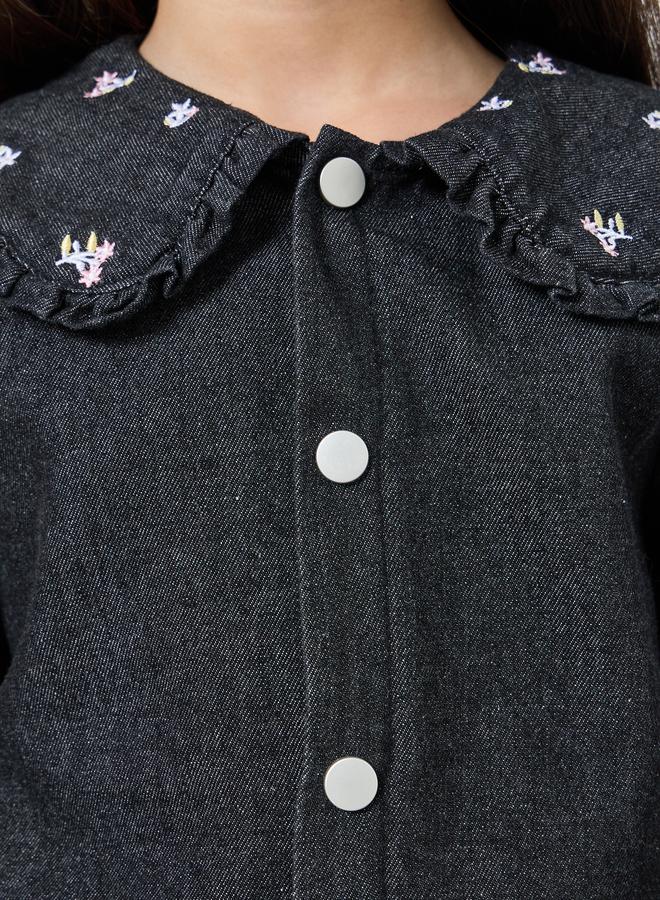 Styli Girls Black Denim Shirt With Embroidered Collar - Image 3