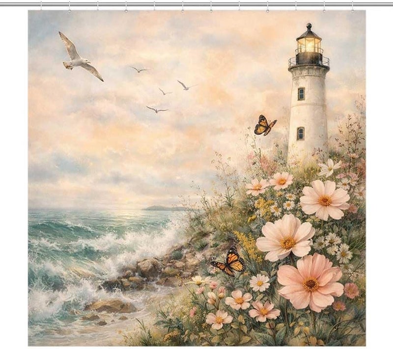 Lighthouse by the Sea with Butterflies and FlowersShower Curtain for Bathroom Waterproof Tan Shower Curtain with Hooks 71 inch x 71 inch - Image 1