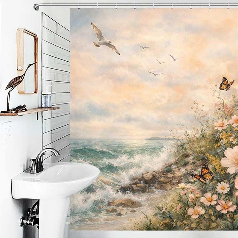 Lighthouse by the Sea with Butterflies and FlowersShower Curtain for Bathroom Waterproof Tan Shower Curtain with Hooks 71 inch x 71 inch - Image 4