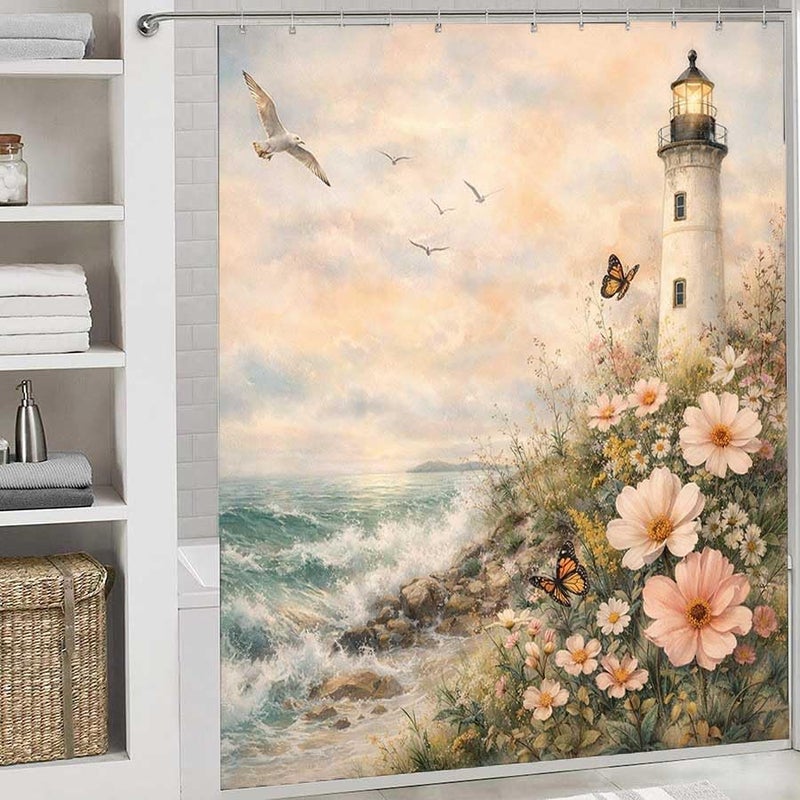 Lighthouse by the Sea with Butterflies and FlowersShower Curtain for Bathroom Waterproof Tan Shower Curtain with Hooks 71 inch x 71 inch - Image 2