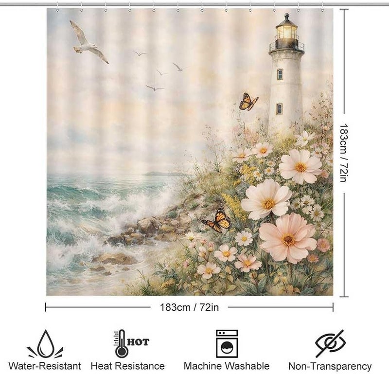 Lighthouse by the Sea with Butterflies and FlowersShower Curtain for Bathroom Waterproof Tan Shower Curtain with Hooks 71 inch x 71 inch - Image 3