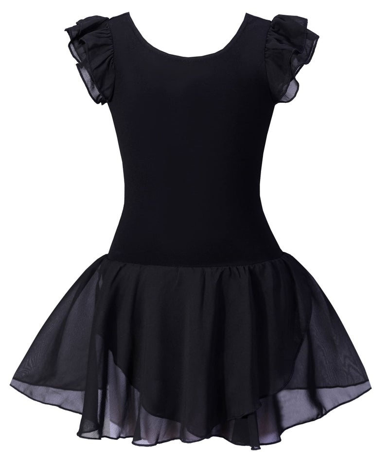 *daisysboutique* Girls Ballet Skirted Dress Ballerina Costume Ruffle Sleeve Tutu Dance Outfit Leotard (8-9 Years, Black) - Image 1
