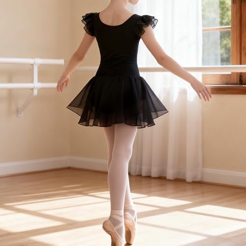 *daisysboutique* Girls Ballet Skirted Dress Ballerina Costume Ruffle Sleeve Tutu Dance Outfit Leotard (8-9 Years, Black) - Image 5