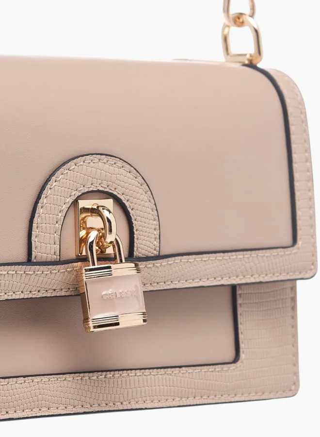 Celeste Womens Lock Detail Crossbody Bag With Button Closure And Chain Strap