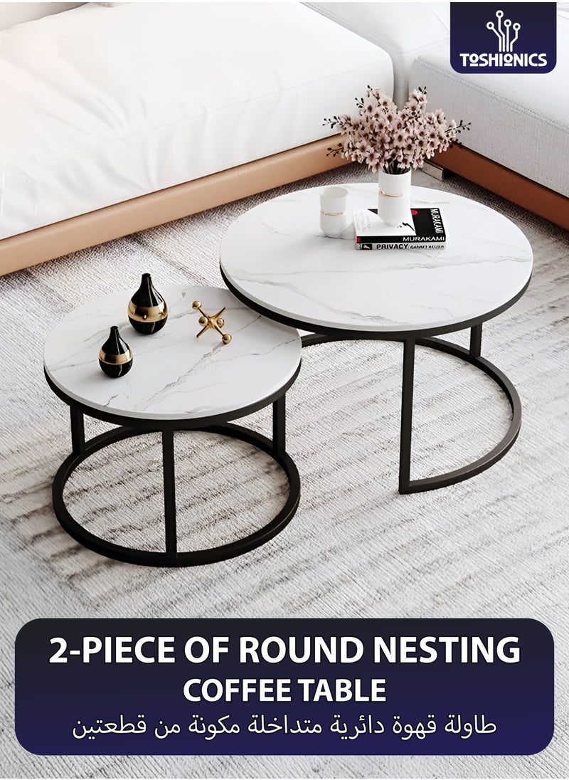 Toshionics - 2 Piece of Modern Luxurious Round Nesting Coffee Table Set White Faux Marble MDF Top with Sturdy Black Metal Frame Nordic Minimalist Space-Saving Stackable Design Elegant Center Table for Living Room Small Apartments Balcony Office Hotel Spa and Salon Reception Lounge Easy to Assemble - Image 1