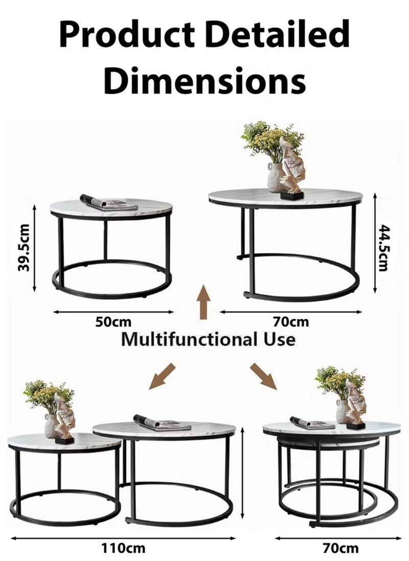 Toshionics - 2 Piece of Modern Luxurious Round Nesting Coffee Table Set White Faux Marble MDF Top with Sturdy Black Metal Frame Nordic Minimalist Space-Saving Stackable Design Elegant Center Table for Living Room Small Apartments Balcony Office Hotel Spa and Salon Reception Lounge Easy to Assemble - Image 1