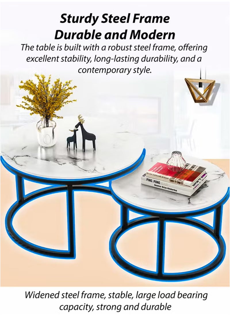 Toshionics - 2 Piece of Modern Luxurious Round Nesting Coffee Table Set White Faux Marble MDF Top with Sturdy Black Metal Frame Nordic Minimalist Space-Saving Stackable Design Elegant Center Table for Living Room Small Apartments Balcony Office Hotel Spa and Salon Reception Lounge Easy to Assemble - Image 1