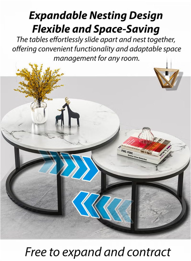 Toshionics - 2 Piece of Modern Luxurious Round Nesting Coffee Table Set White Faux Marble MDF Top with Sturdy Black Metal Frame Nordic Minimalist Space-Saving Stackable Design Elegant Center Table for Living Room Small Apartments Balcony Office Hotel Spa and Salon Reception Lounge Easy to Assemble - Image 1
