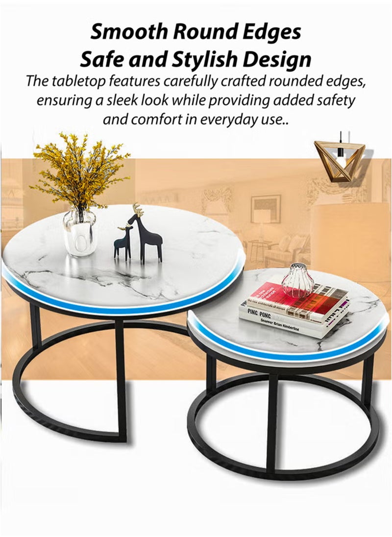 Toshionics - 2 Piece of Modern Luxurious Round Nesting Coffee Table Set White Faux Marble MDF Top with Sturdy Black Metal Frame Nordic Minimalist Space-Saving Stackable Design Elegant Center Table for Living Room Small Apartments Balcony Office Hotel Spa and Salon Reception Lounge Easy to Assemble - Image 1