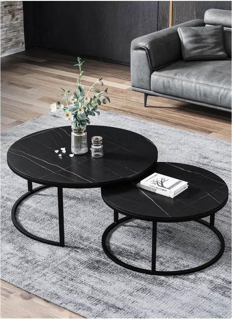 Toshionics - 2 Piece of Modern Luxurious Round Nesting Coffee Table Set White Faux Marble MDF Top with Sturdy Black Metal Frame Nordic Minimalist Space-Saving Stackable Design Elegant Center Table for Living Room Small Apartments Balcony Office Hotel Spa and Salon Reception Lounge Easy to Assemble - Image 1