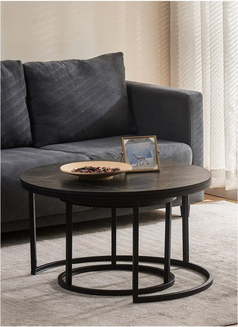 Toshionics - 2 Piece of Modern Luxurious Round Nesting Coffee Table Set White Faux Marble MDF Top with Sturdy Black Metal Frame Nordic Minimalist Space-Saving Stackable Design Elegant Center Table for Living Room Small Apartments Balcony Office Hotel Spa and Salon Reception Lounge Easy to Assemble - Image 1