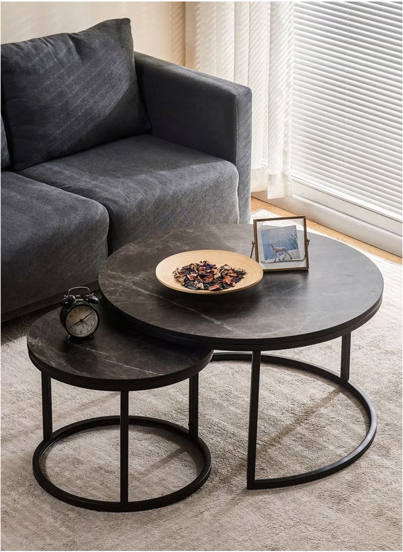 Toshionics - 2 Piece of Modern Luxurious Round Nesting Coffee Table Set White Faux Marble MDF Top with Sturdy Black Metal Frame Nordic Minimalist Space-Saving Stackable Design Elegant Center Table for Living Room Small Apartments Balcony Office Hotel Spa and Salon Reception Lounge Easy to Assemble - Image 1