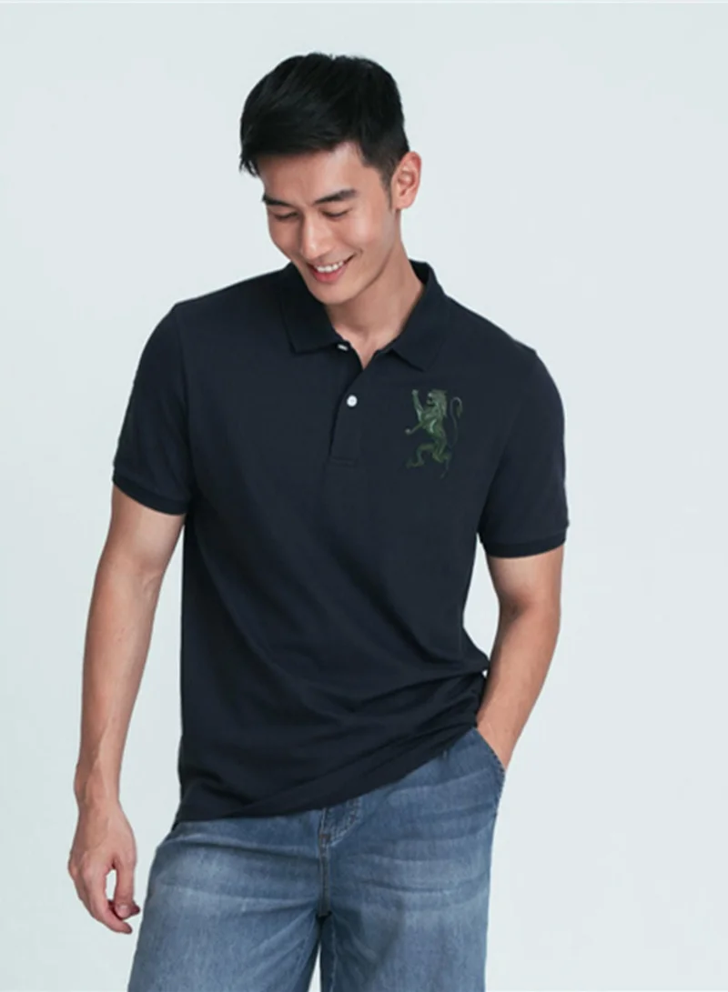 Men’s Slim Fit 3D Lion Embroidery Lycra Pique Polo