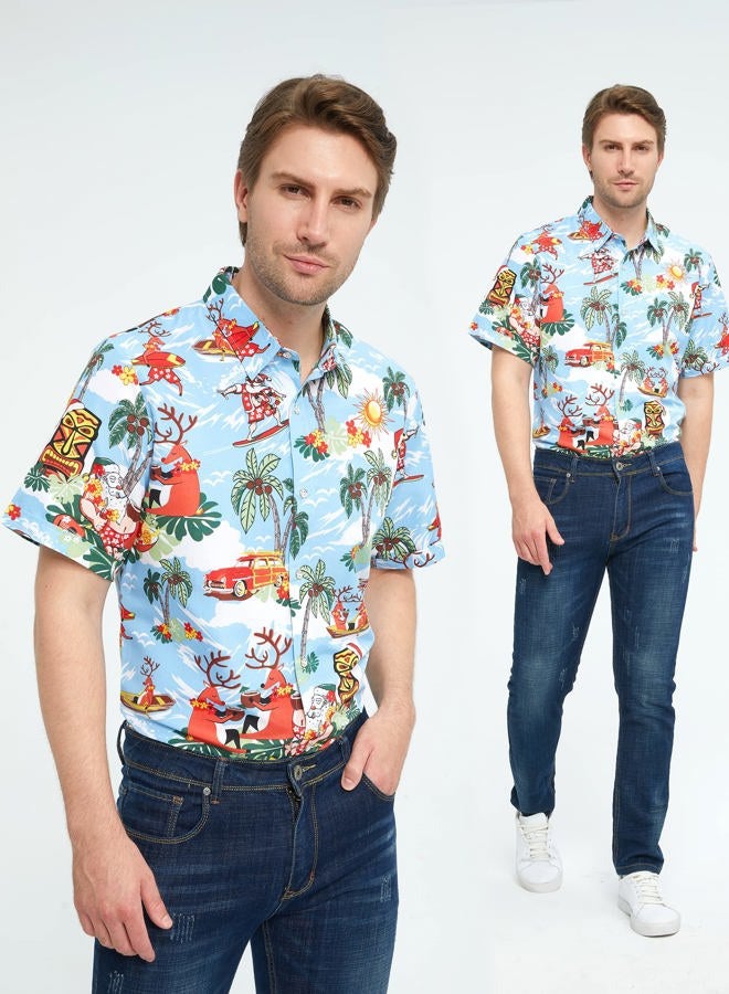 SSLR Men's Santa Claus Party Tropical Ugly Hawaiian Christmas Shirts (Large, Blue) - Image 4