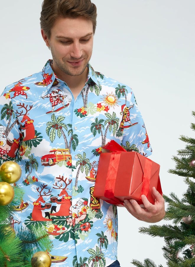 SSLR Men's Santa Claus Party Tropical Ugly Hawaiian Christmas Shirts (Large, Blue) - Image 2